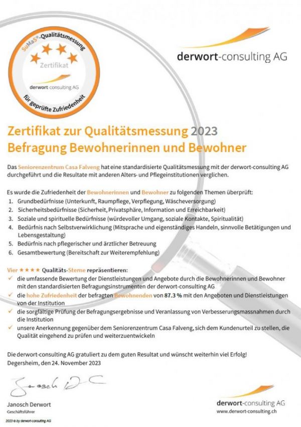 Zertifikat BW-Befragung Seniorenzentrum Casa Falveng 2023